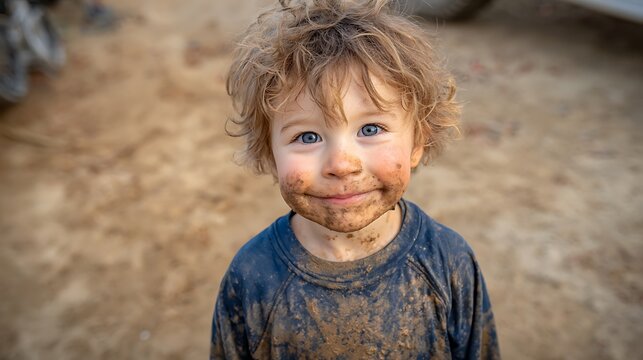 Happy muddy toddler playing outdoors