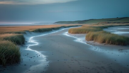 Coastal landscape with water channels and grassy dunes, tranquil environment, natural scenery.