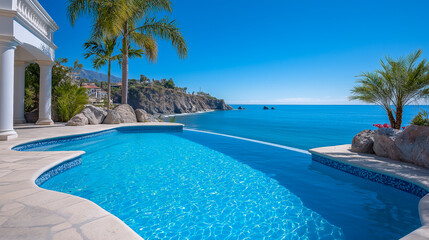 Luxurious swimming pool with crystal clear water, surrounded by palm trees and rocky coastline, overlooking a tranquil ocean under a bright blue sky, creating a serene vacation atmosphere