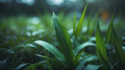 Naklejka premium Lush green grass plants with long leaves in a natural outdoor setting.