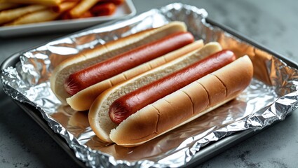 Hot dogs in buns on foil tray
