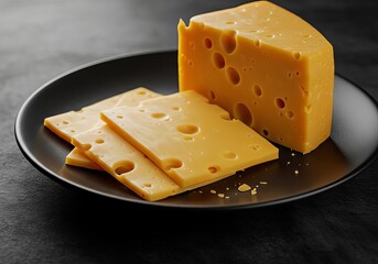 Cheese block and slices on a black plate with a dark background in a close up studio shot view
