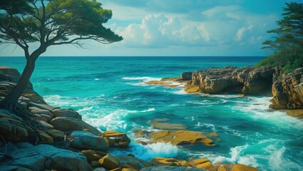 Fototapeta premium Tropical coastline with turquoise waters, rocky shores, and lush green trees under a partly cloudy sky.