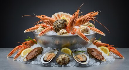 Seafood Platter with Langoustines, Oysters and Seashells on Ice