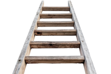 Wooden ladder standing upright with clear visibility on a transparent background, showcasing its weathered wood texture and rustic design ideal for construction or home improvement tasks