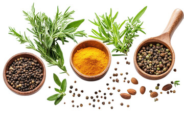 Fresh organic Mediterranean herbs and spices arranged on a white background with wooden bowls showcasing diverse flavors and colors