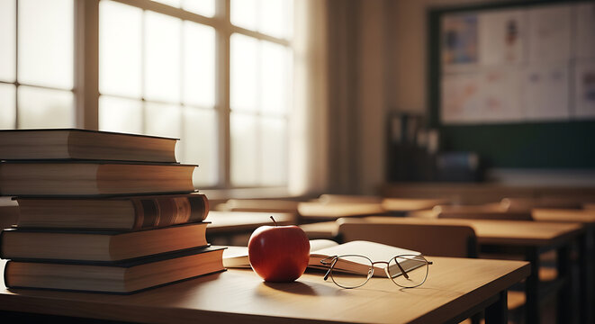 Teacher’s desk with books, apple, and classroom view
