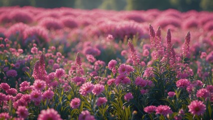 Obraz premium A field of pink flowers with numerous pink blooms and green foliage in the background.