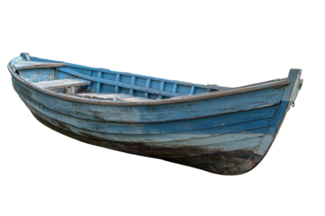 Old blue wooden fishing boat resting in solitude against a transparent background, showcasing its weathered charm and classic design elements