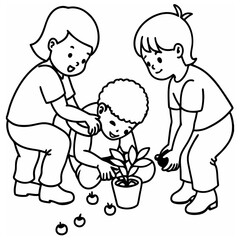 A vector of children is planting trees outline design Art & Illustration