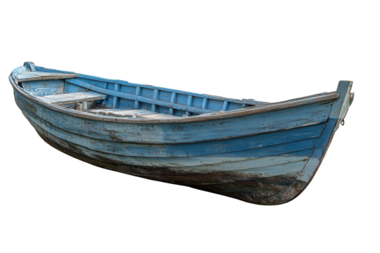 Old blue wooden fishing boat resting in solitude against a transparent background, showcasing its weathered charm and classic design elements