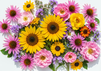 Naklejka premium A vibrant floral arrangement featuring sunflowers, echinacea, and roses on a white background