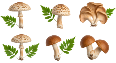 A vibrant collection of various mushrooms accompanied by green leaves, showcasing their unique shapes and textures