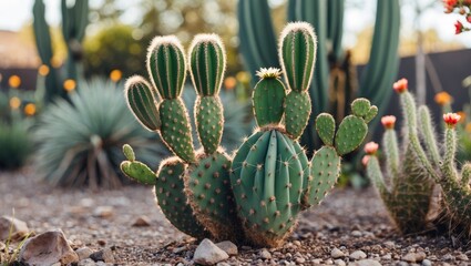 Cactus plants in a desert garden with various succulent species and arid landscape. Drought-tolerant plants and xeriscaping concept.