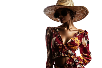 Woman in a floral print romper and oversized hat enjoying a sunny day at the beach, exuding confidence and summer vibes in her vibrant outfit with playful patterns