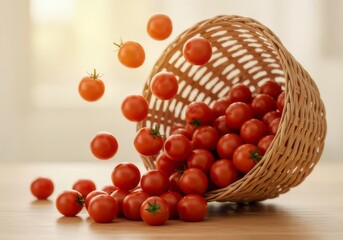 Cherry tomatoes spilling from a wicker basket onto a wooden surface with soft lighting in the background