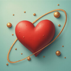 Red Heart Surrounded by Tiny Golden Orbits on a Muted Aqua Background Symbolizing the Gravitational Pull of Love