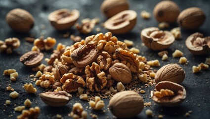 Obraz premium Walnuts and pecans scattered on a dark surface.