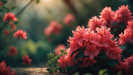 Bright pink azalea flowers in bloom with green foliage, blurred background.