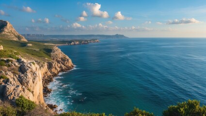 Fototapeta premium A coastal landscape with cliffs, green vegetation, and the ocean stretching to the horizon under a partly cloudy sky.