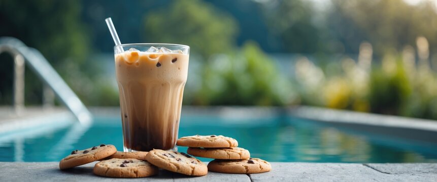 A glass of iced coffee on a table with cookies, outdoors near a swimming pool on a sunny day. Refreshing beverage and snacks in a relaxed outdoor setting. - Powered by Adobe