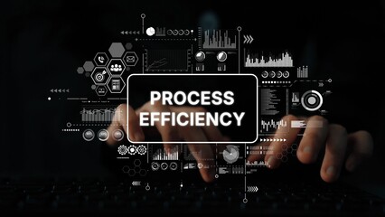 Hands Typing on Keyboard with Overlaid Graphics Representing Process Efficiency in Business...