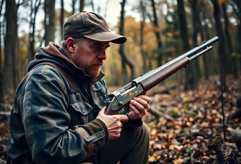 Hunter carefully loads a vintage rifle in the woods,  firearm,   powder