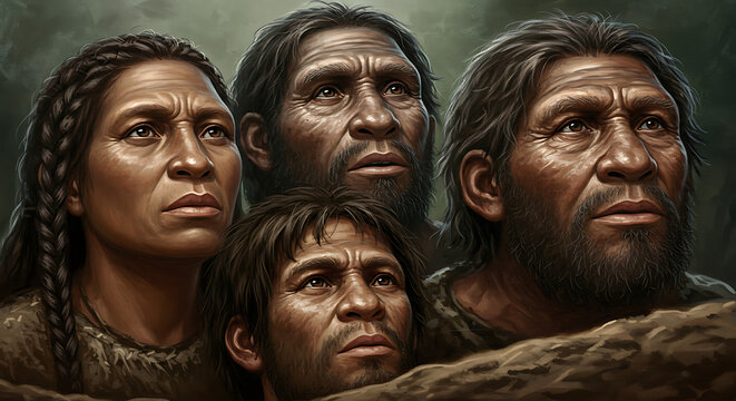 A depiction of a group of neanderthals looking upwards with expressions of curiosity and wonderment