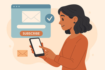 Woman using smartphone to subscribe to email newsletter, online registration, digital subscription service, email marketing, mobile device, internet communication, vector illustration