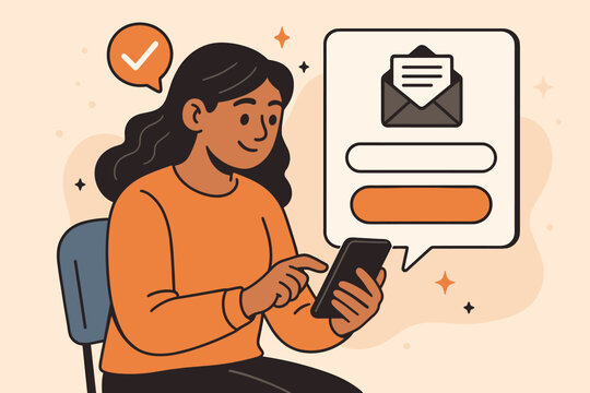 Woman using smartphone to subscribe to email newsletter, digital registration process, online subscription service, cartoon vector illustration, mobile communication, modern technology concept