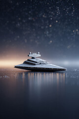 Majestic futuristic starship on a reflective surface, evoking a sense of wonder and technological advancement. Ideal for scifi, tech, gaming or creative projects.