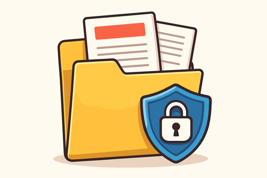 Secure document folder icon. Confidential files protection. Data privacy shield. Cybersecurity concept. Yellow file storage. Information safety. Cartoon vector illustration. Lock symbol.