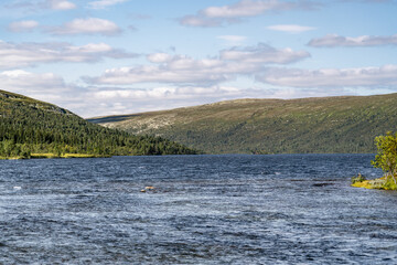 Clear blue sky with fluffy clouds enhance the beauty of Grövelsjön Lake surrounded by mountains and lush boreal forest in Långfjället, perfect for eco tourism in the Swedish wilderness