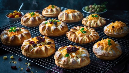 Assorted baked bread with fruit toppings cooling on a wire rack, with bowls of green olives and cherries in the background.