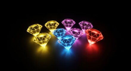 Glowing Gemstones: A Collection of Illuminated Diamonds Against Black Background