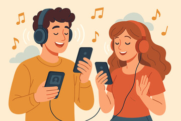 Young Couple Enjoying Podcasts and Online Radio Shows on Mobile Phones with Headphones, Listening to Audio Content, Streaming Music, Digital Entertainment Vector Illustration