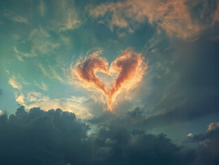Heart-shaped cloud formation glowing at sunset