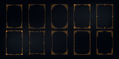 Art deco golden frames. Thin luxury gold borders for wedding invitation card, simple modern geometric antique vintage frame elements. Vector elegant set