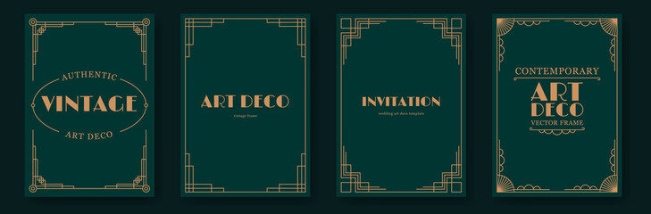 Gold art deco invitation cards. Elegant vintage wedding invitation posters with luxury geometric frames, creative gala party flyer design with decorative thin line border. Vector frame set
