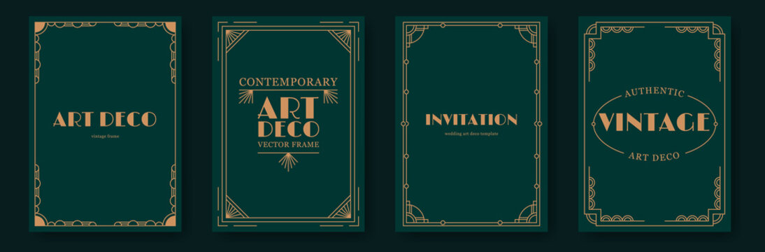 Gold art deco invitation posters. Elegant vintage wedding invitation card with luxury geometric frames, creative gala party flyer design with decorative thin line border. Vector set