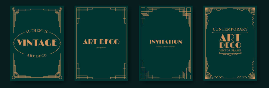 Gold art deco invitation cards. Elegant vintage wedding invitation posters with luxury geometric frames, creative gala party flyer design with decorative thin line border. Vector frame set
