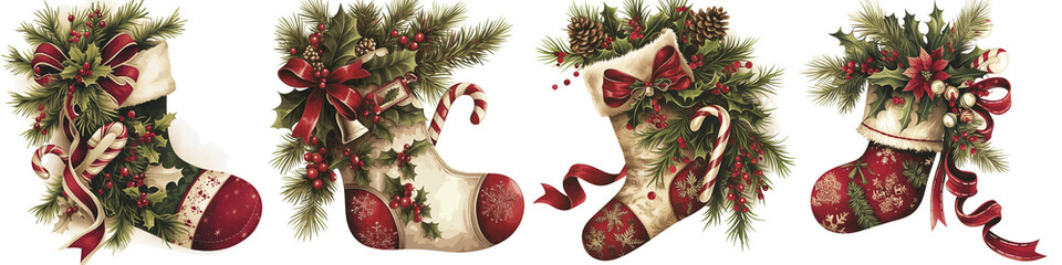Christmas stockings decorated with holly and bows on white background  