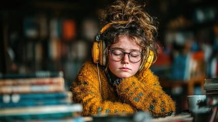 Young Girl Listening to Audiobook with Headphones in Cozy Setting