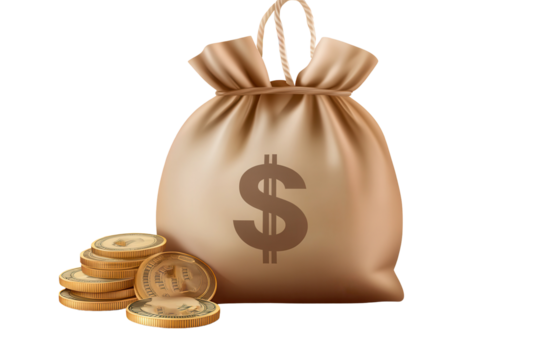 Cartoon design illustration of a money bag with coins spilling out in a playful and colorful style, emphasizing wealth and prosperity in an imaginative setting