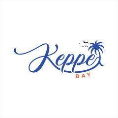 Stylish Keppel Bay Logo Design with a Tropical Flair Depicting a Beach Paradise Destination with a Palm Tree and Soaring Birds, a Serene Coastal Getaway
