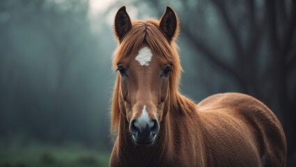 Obraz premium A chestnut horse with a white blaze on its face, standing in a misty forested area.