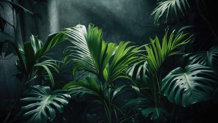 Lush green tropical plants with large leaves in a dark, misty jungle environment.