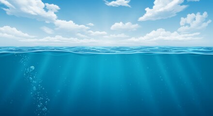 A serene view of the ocean with fluffy clouds above and bubbles rising from the depths below the surface