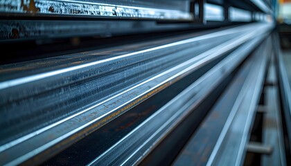 Obraz premium Shiny Metal Beams Stacked in a Manufacturing Facility