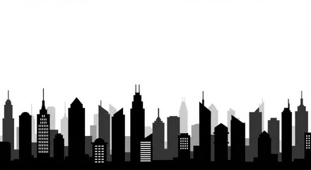 Naklejka premium Black and white cityscape silhouette with varied building heights and architectural styles